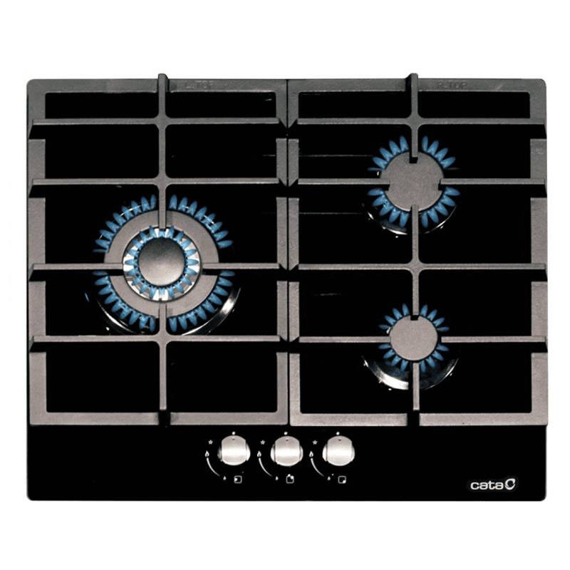 Placa gas Cata LCIB 6021 BK , 3 fuegos cristal negro butano