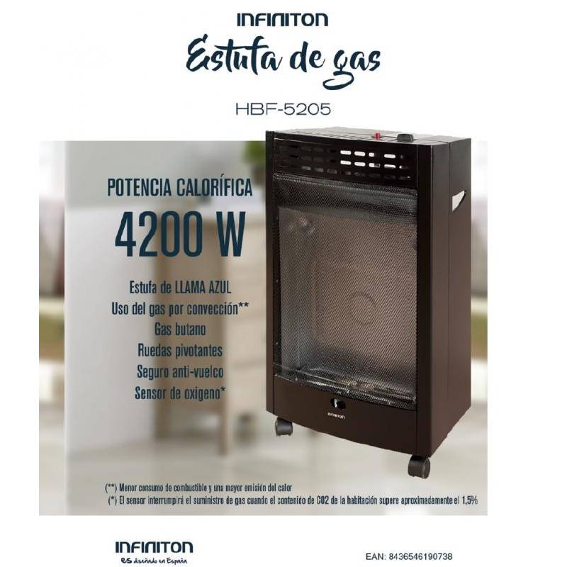 Estufa de gas INFINITON HBF-5205 - 4200W, Gas Butano, Llama azul, Sensor de  oxígeno