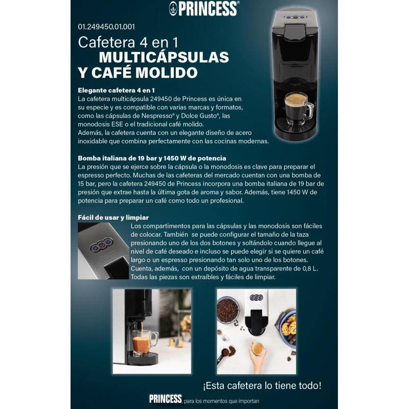 Princess 01.249450.01.001 Máquina de café multicápsula 4 en 1, Cafeteras  de capsulas