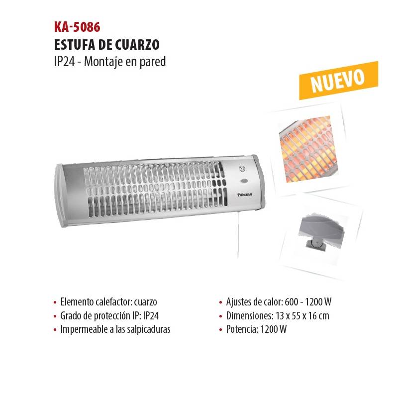 Estufa de cuarzo 1200W  Estufa Calefactor infrarrojos pared baño